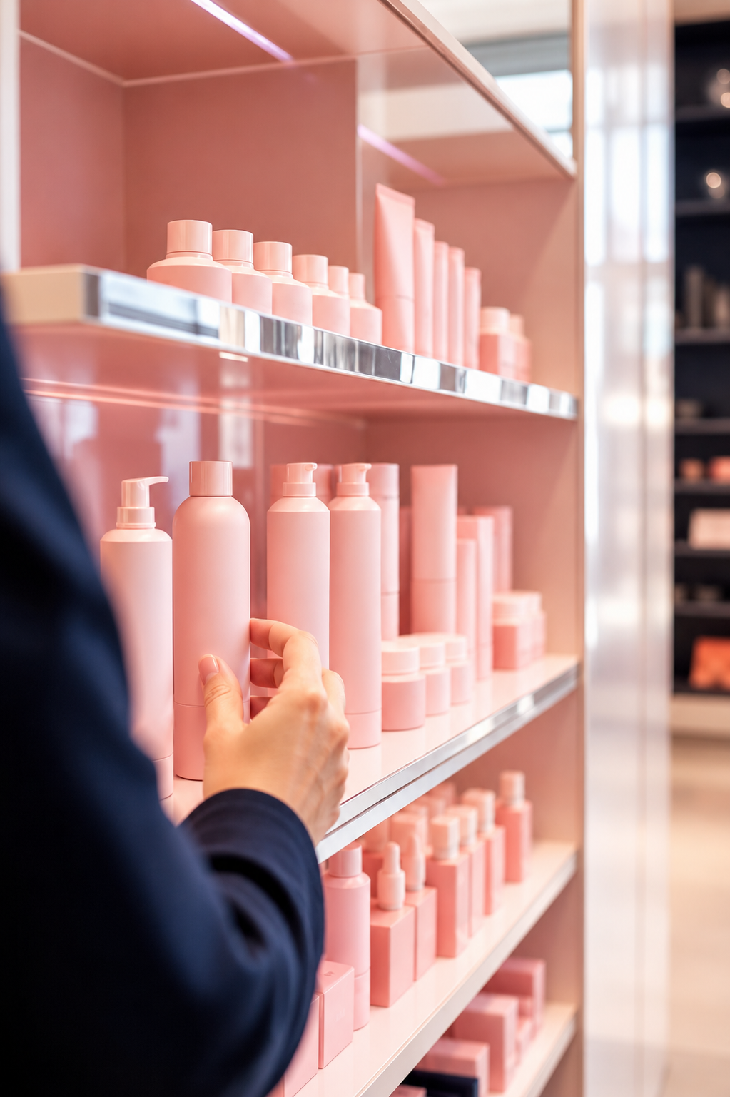 A hand placing a pink cosmetic product on a clean, modern retail store shelf