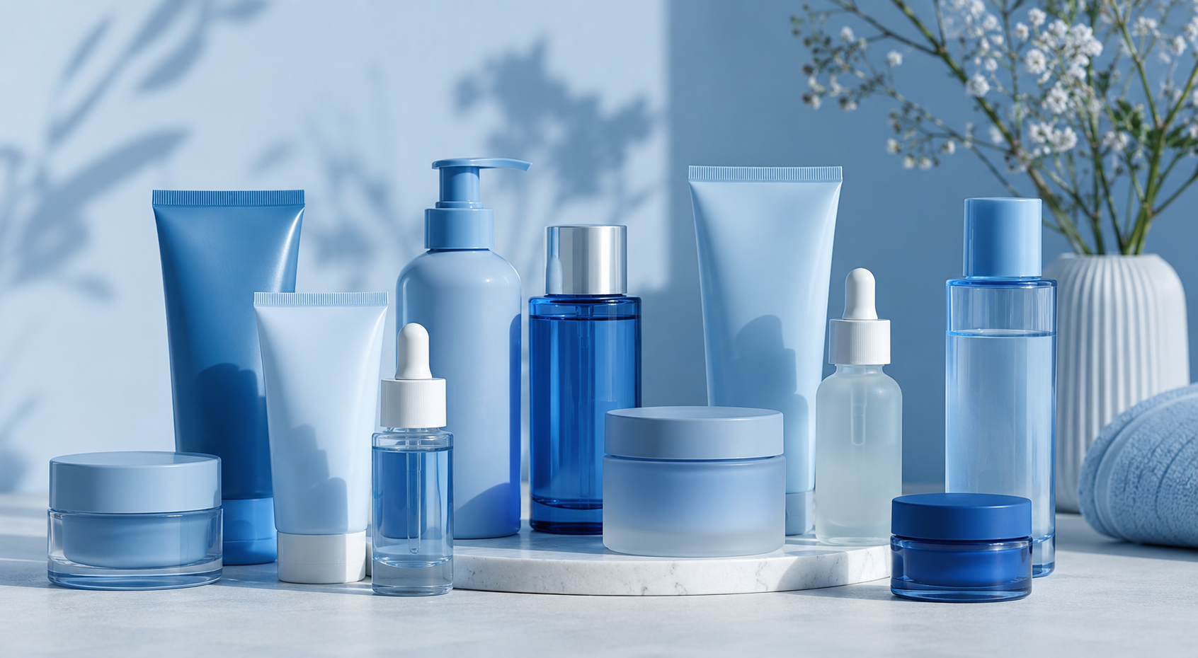 A curated collection of blue and navy skincare and cosmetic products in a bright studio setting